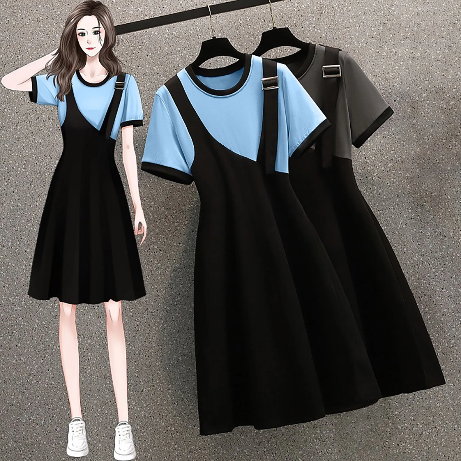 

Women's Anime Style Stitching Mid Length Waist And Slim Fake Two Piece Dress Scoop Neck Dress