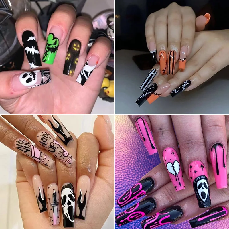 

24Pcs Halloween False Nails Wearable French Long Fake Nails Coffin Ballet Press on Nail Black Pumpkin Patch Design Manicure Tips