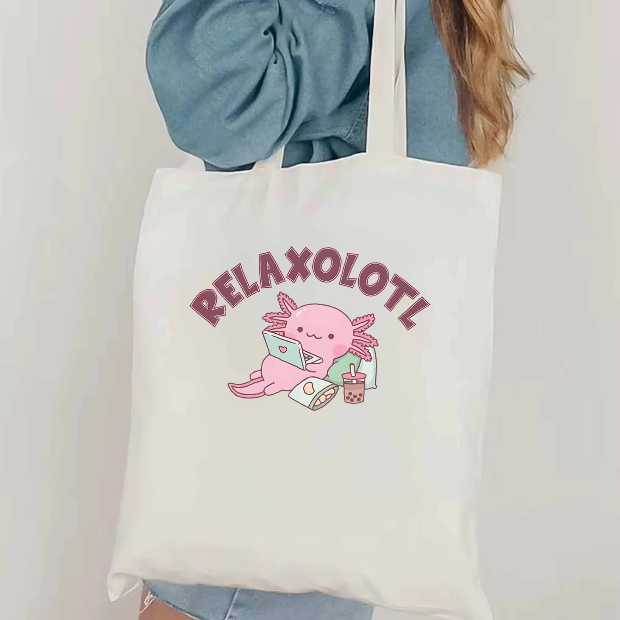 Аксолотль Kawaii Большая Сумка Женская Повседневная Парусиновая На Плечо