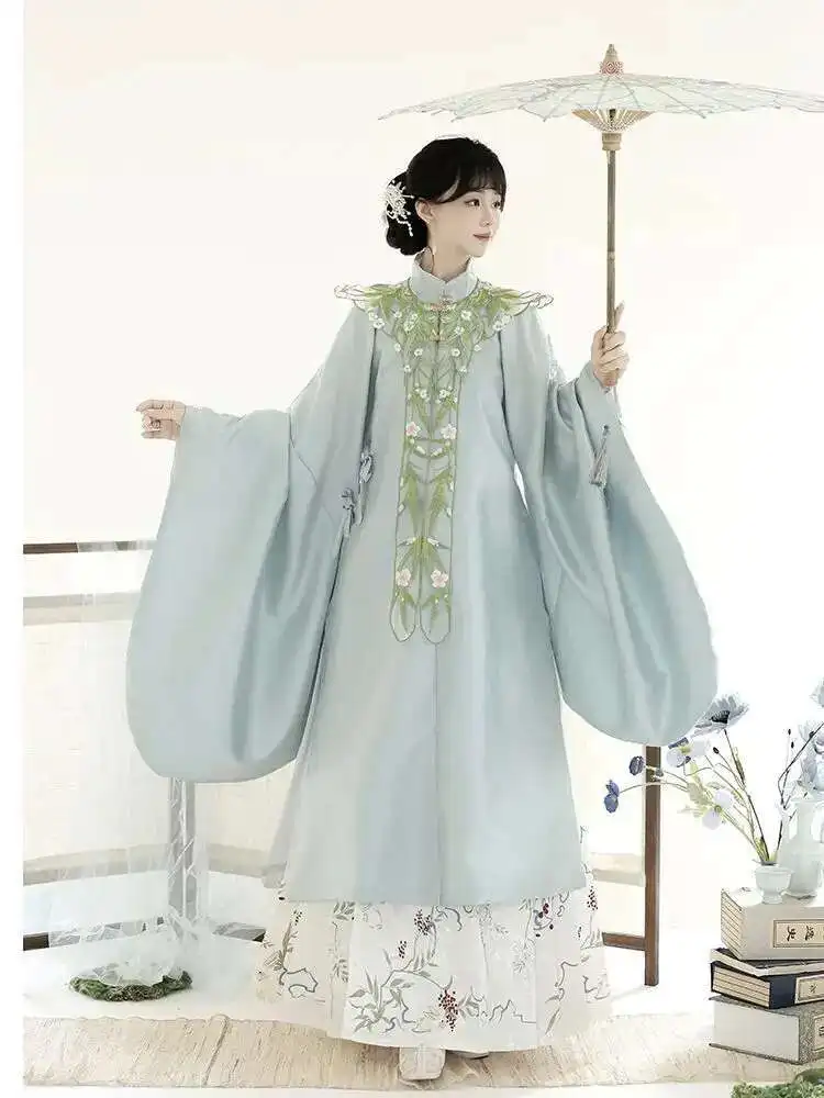 Фото Qingyi Huashang поздняя осень Hanfu женская длинная рубашка с объемными плечами династии Мин воротник-стойка диагональной вышивкой №2