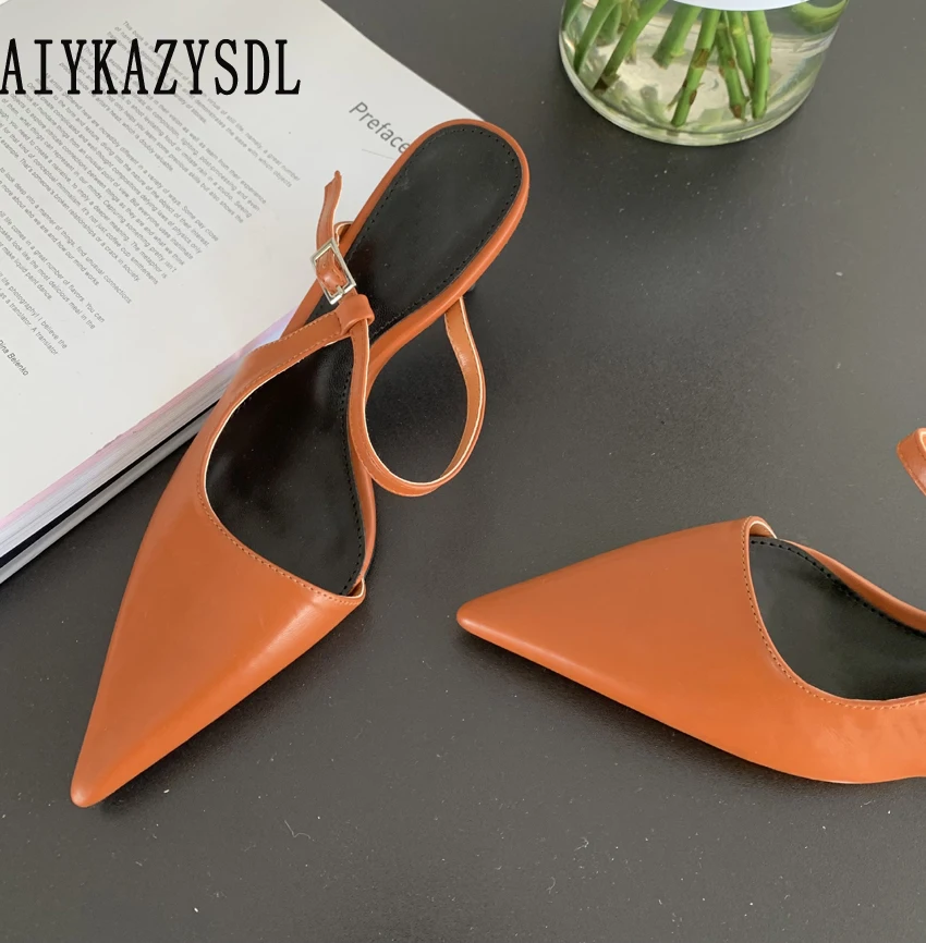 

Женские сандалии с острым носком AIYKAZYSDL, туфли без задника на среднем каблуке, карамельные цвета, оранжевые, желтые сандалии с котятами, шлеп...