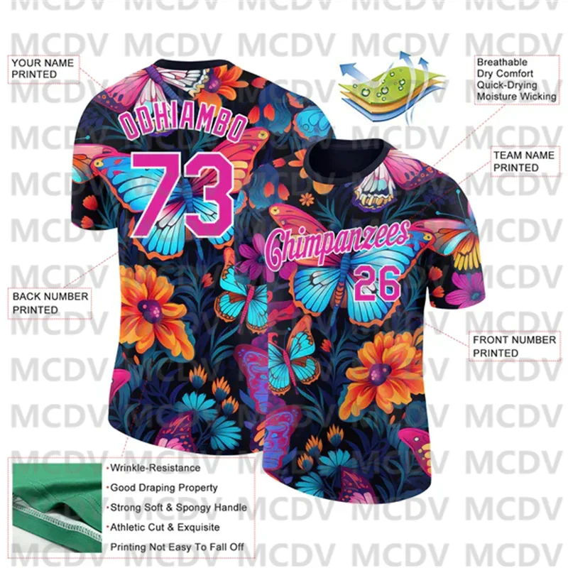 Футболка унисекс черная темно-розово-белая с 3d-рисунком бабочки