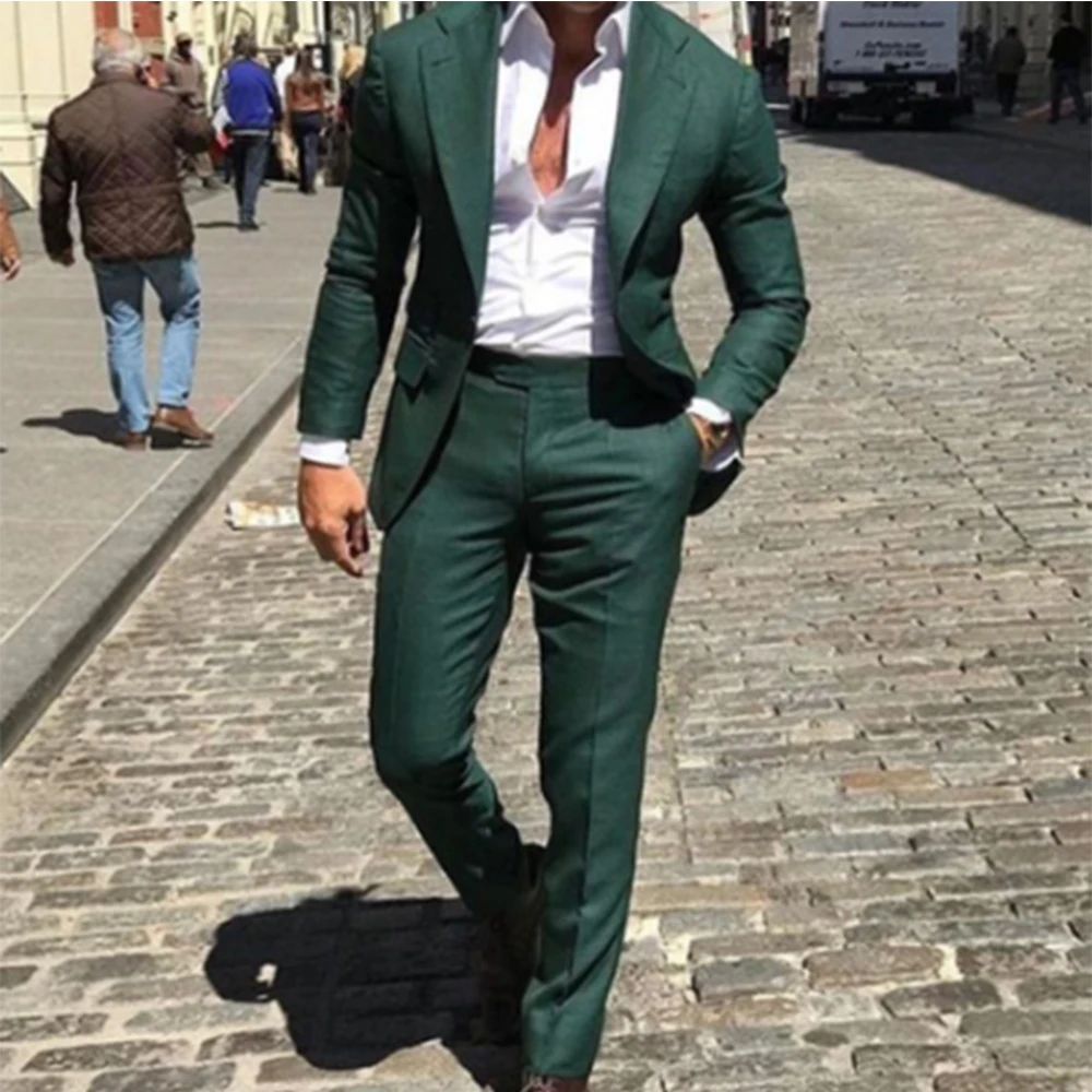 Tailor Made Notched Lapel Men Suit 2021 Slim Fit One Button Dark Green Groom Tuxedos Busines Formal 2 Pieces Suit For Male