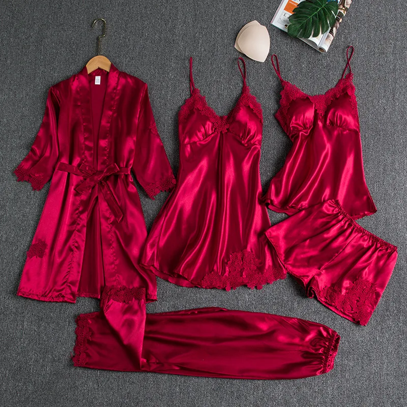 5 Pieces Faux Silk Pajamas Set Women Multicolor Sexy Satin Strap Top Pants Padded Sleepwear Lace Robe Gown Spring Autumn 3XL