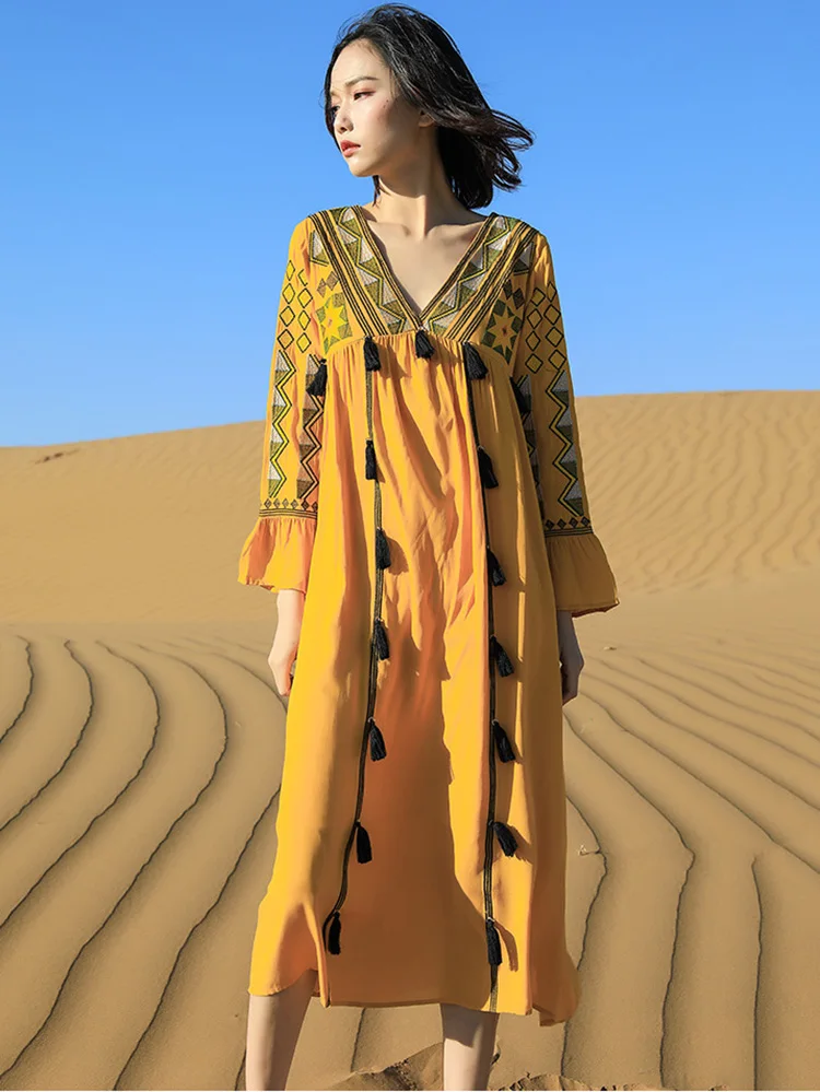 

Винтажное платье Khalee Yose в стиле бохо с цветочной вышивкой, демисезонное платье с длинным рукавом, красного, желтого цвета, в стиле хиппи, шик...