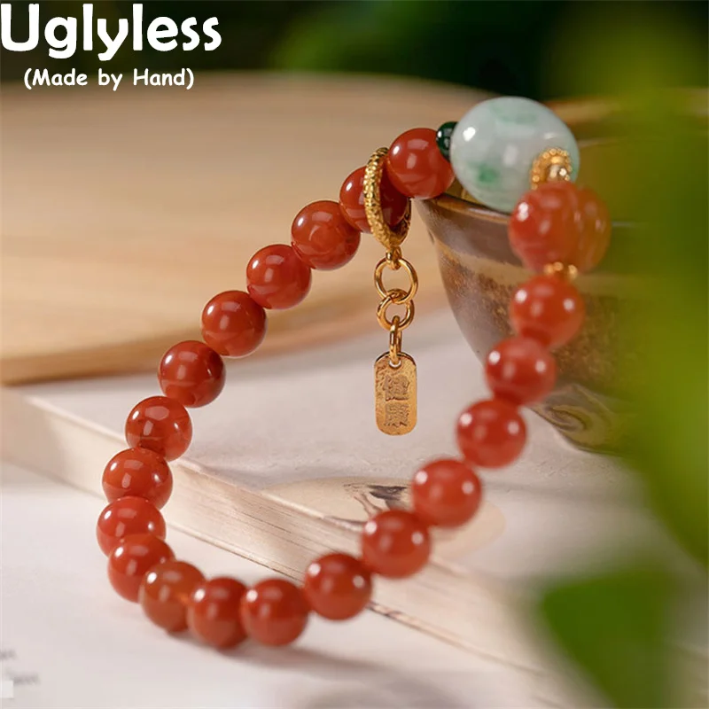 

Uglyless Elastic Rope 8MM Natural Meaty Agate Bracelets for Women 925 Silver Square Medal Charms Ethnic Jewelry Jadeite Bracelet
