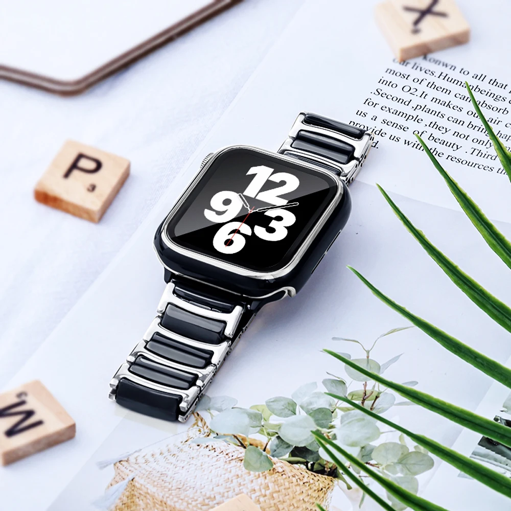 Керамический ремешок и чехол для Apple Watch band 44 мм 45 42 звеньевой браслет iWatch series 7 6 5 4 3