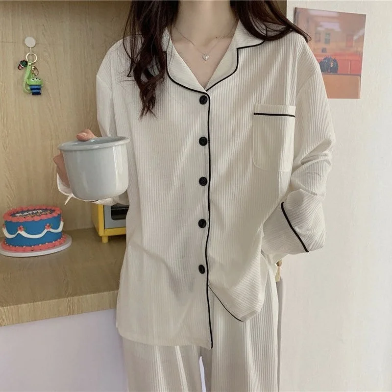 QWEEK Korean Sleepwear Women's Pajamas 2021 Home Clothes Set for Girls Suit White Long Sleeve Pijama Homewear Nightie Pyjamas