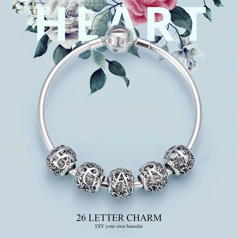 

WOSTU 925 Sterling Silver A-Z 26 Letters Romantic Beads Fit Original Charm Bracelet Pendant Bangle For Women Jewelry CQC1444