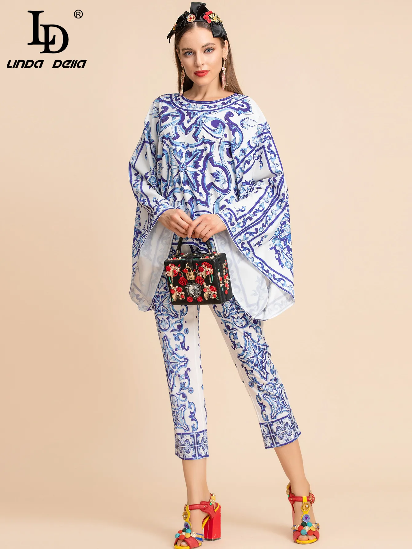 LD LINDA DELLA Designer Fashion Autumn Blue And White Porcelain Pants Suit Women's Loose Batwing Sleeve Top＋Pants 2 Piece Set