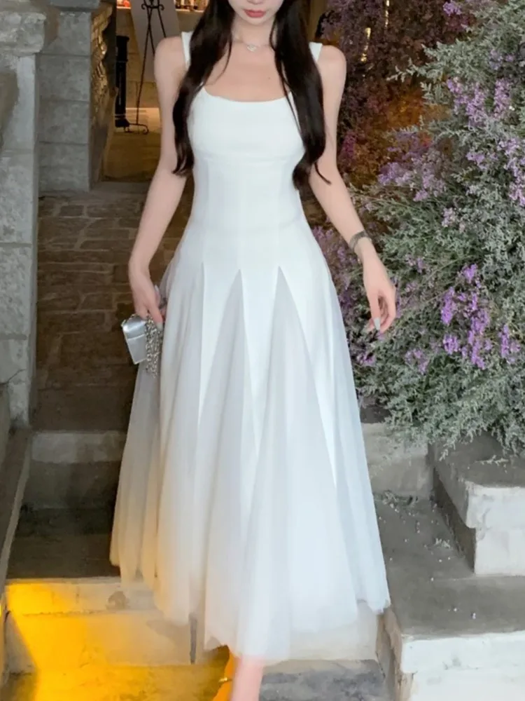 

Женское летнее Элегантное повседневное Сетчатое платье средней длины в стиле пэчворк, белое платье без бретелек, без рукавов, женский сваде...