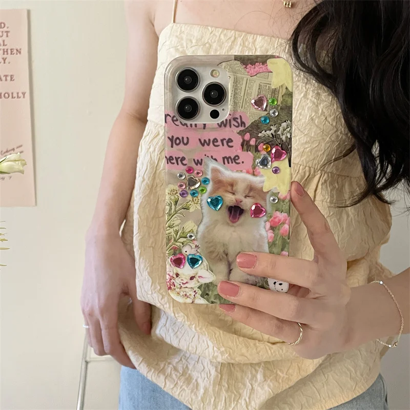 Милый чехол для телефона с изображением кота собаки для iPhone 14 11 12 13 Pro Max 14 Plus, мягкий чехол, милые Мультяшные чехлы со стразами