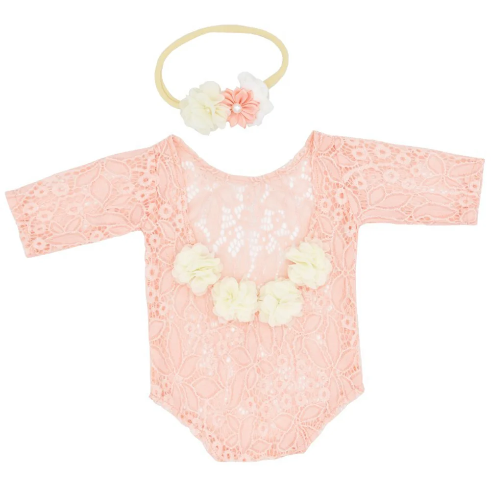 

Photography Romper Headband Two-piece Set Newborn Baby Lace Rompers Girl Clothes Headbands Girls Pearl Pink Dresses