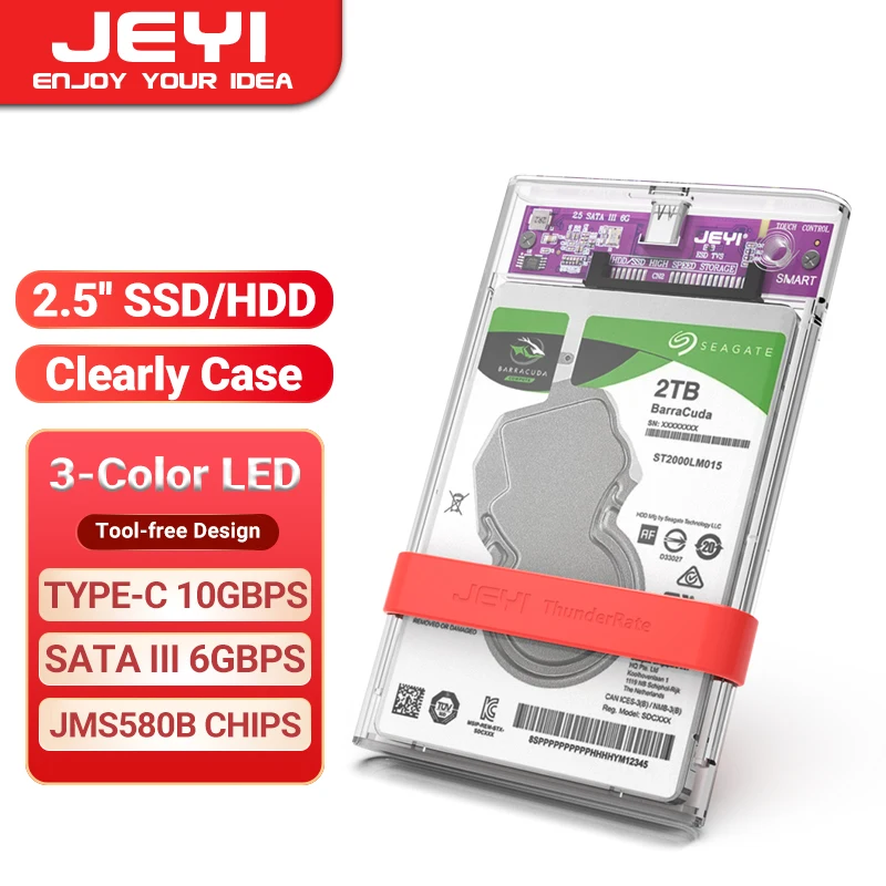 JEYI 2.5" Hard Drive Enclosure Clearly Case USB 10Gbps to SATA III/II/I External Hard Disk Case for 9.5/7mm HDD SSD Support UASP