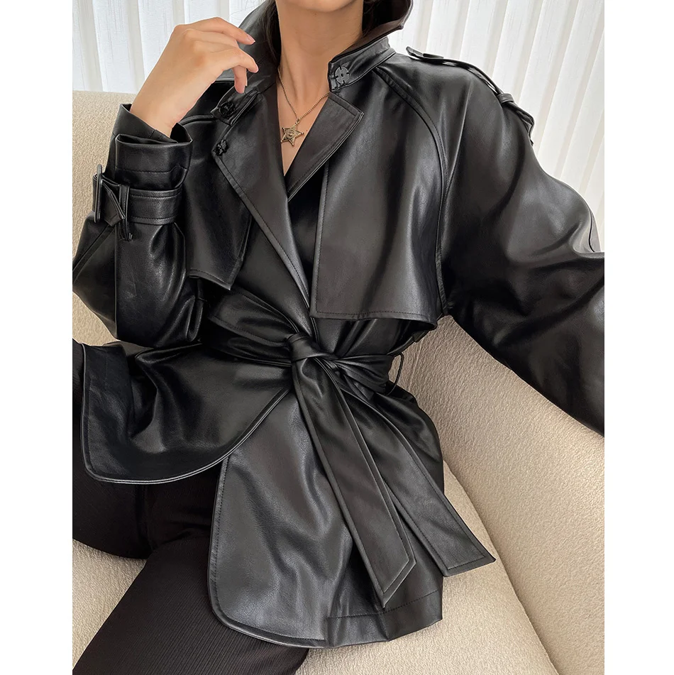 Lyte Black Leather Kiesza Jacket for Women Motorcycle Long Sleeve Sashes Lapel Jackets Fashion 2023 Luxury outerwear