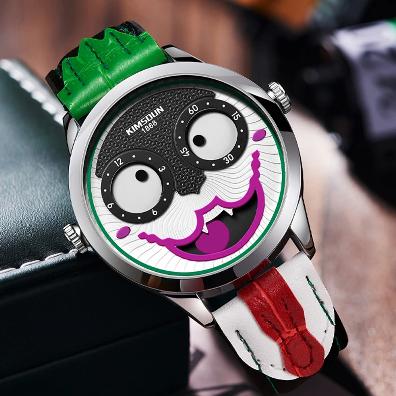 

Kimsdun Joker Watch for Men Top Luxury Brand Waterproof Leather Personality Clown Green Male Wristwatches Relogio Masculino 2023