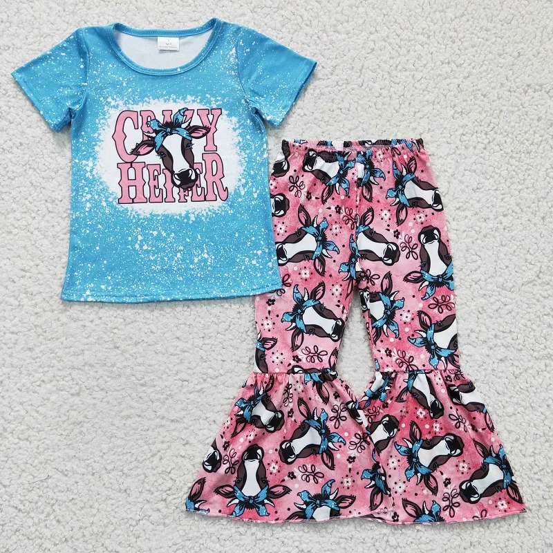 

New Fashion Baby Girls Western Style Cow Blue Short Sleeve Trousers Suit Wholesale Boutique Children Outfit RTS NO MOQ