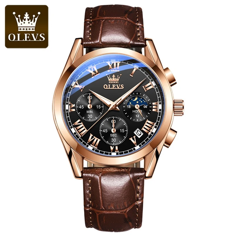 OLEVS-reloj analógico de cuarzo para hombre, accesorio de pulsera resistente al agua con cronógrafo, complemento masculino de marca de lujo con diseño de fase lunar