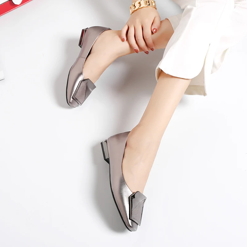 32-43 large blue round head cow leather women's shoes with metal decoration low heel thick heel women's shoes