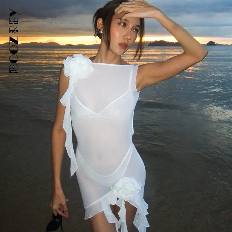 

BoozRey Sexy Mesh Backless Floral decoration Lacing Y2k Dress 2023 Summer Women's Beach Holiday Solid Mini Dresses for Women