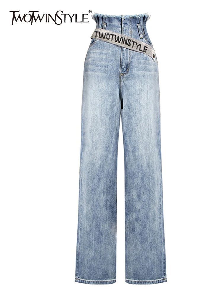 

TWOTWINSTYLE Casual Denim Wide Leg Pants For Women High Waist Patchwork Loose Jeans Female Autumn Clothes Style New 2022 Fashion