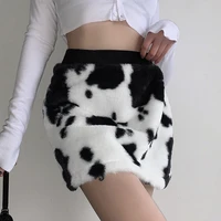 sweet girl mini skirt furry cow print autumnwinter black and white high waist short skirt ladies plush korean streetwear y2k