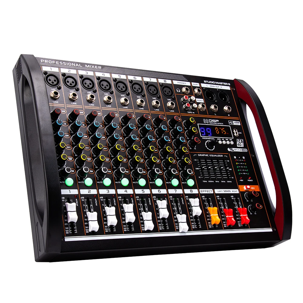 

8 channel professional mixer mixing console 99DSP Bluetooth USB computer input 48v power supply number live performance mixer