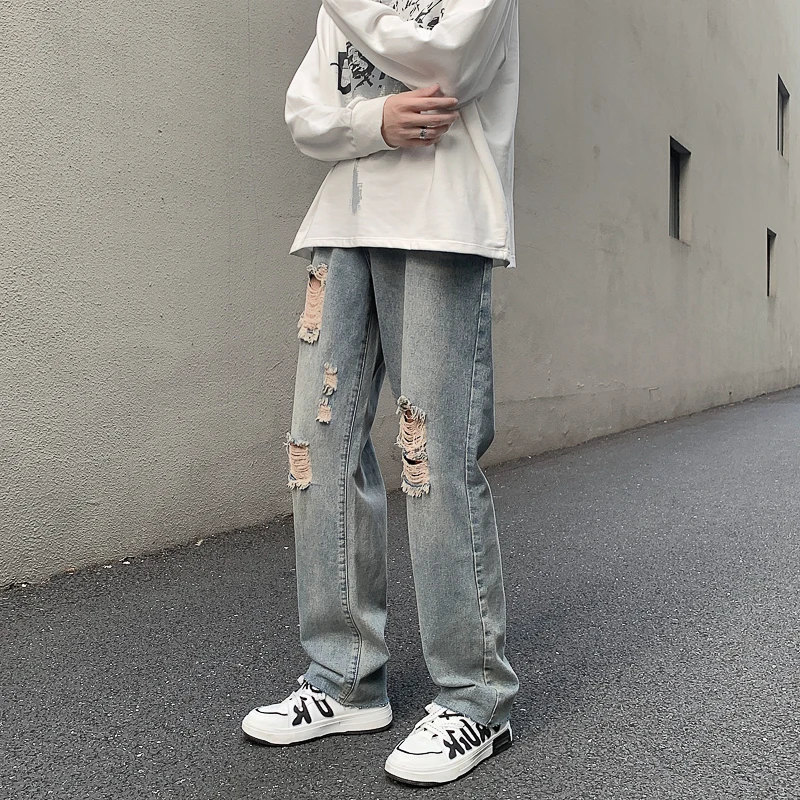 CAAYU 2022 New Baggy Jeans Mens Japanese Streetwear Harajuku Fashion Loose Straight Wide Leg Pants Male Clothing Blue Pants Men