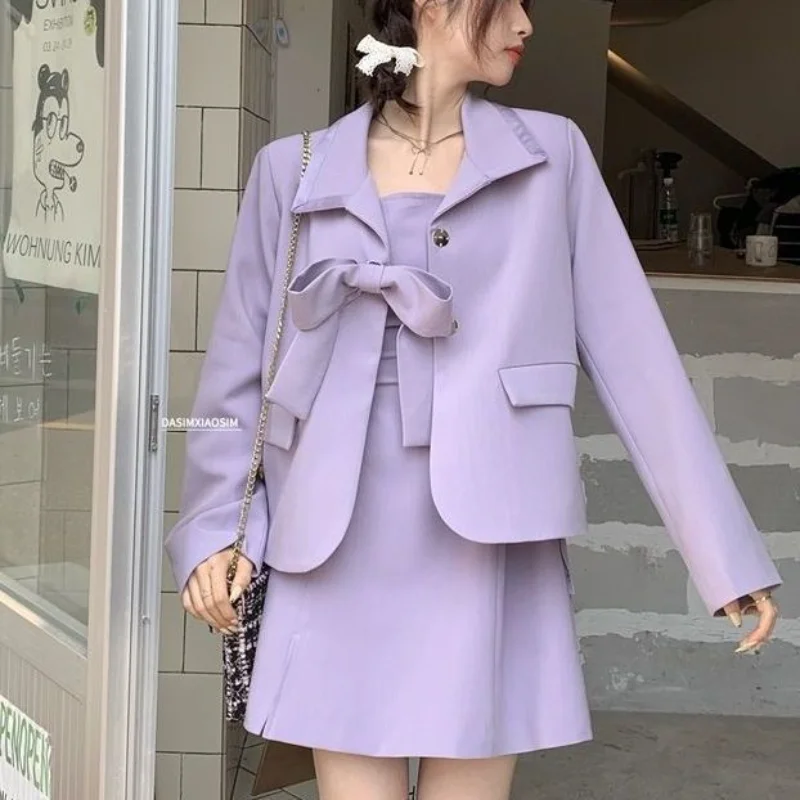

DAYIFUN Lady Purple Bowknot Suits Spring Elegant Long Sleeve Blazer and Strap Dress Two Piece Set Fashion Draping Women Clothing