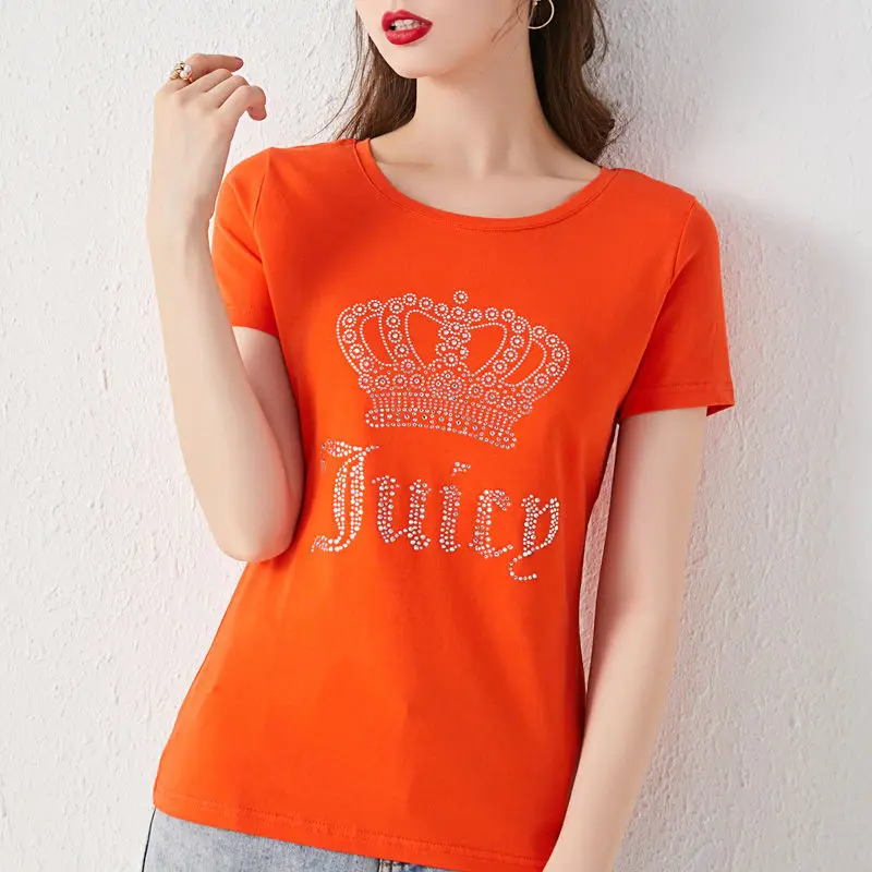 

Summer 2023 Solid T-shirt Women's Cotton Short Sleeve Round Neck Diamond Crown Letter Slim Fit Girl's Top
