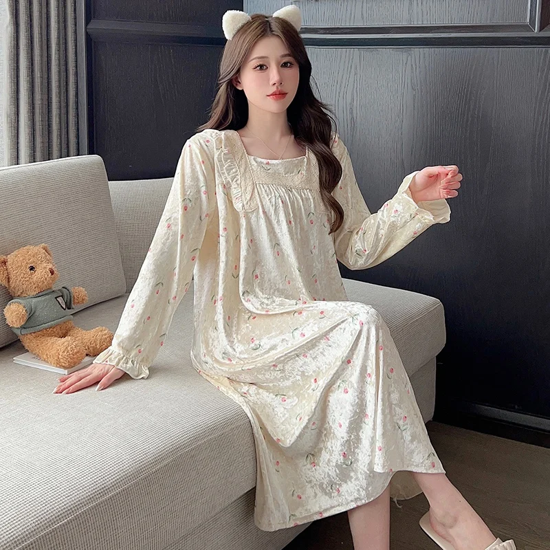 

2023 осенние плотные теплые бархатные ночные рубашки с длинным рукавом для женщин Милая Кружевная пижама с принтом ночная рубашка домашняя Ночная сорочка