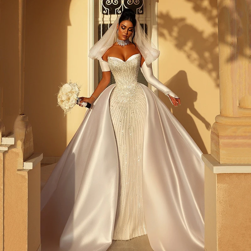 Женское свадебное платье с юбкой-годе бисером в стиле бохо