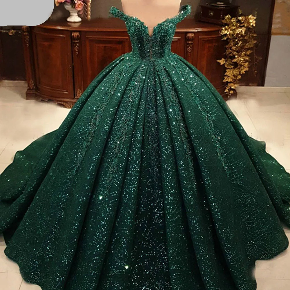 

On Zhu Arabic Muslim Green Sequins Beading Wedding Dress Off Shoulder Lace Evening Party Gowns Sweep Train robes de soirée