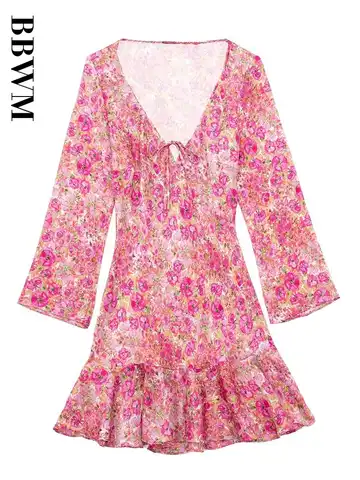 2023 Summer Floral Printed Short Dress Women Tied V Neck Ruffes Dress Woman Vintage Long Sleeve Party Chic Mini Dresses