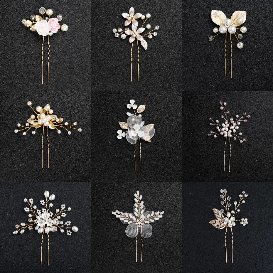 

Flower Wedding Hairpin Crystal Bridal Hair Accessories Pearl Gold Color Headpiece Jewelry Bride Headdress Party Bridesmaid Gift