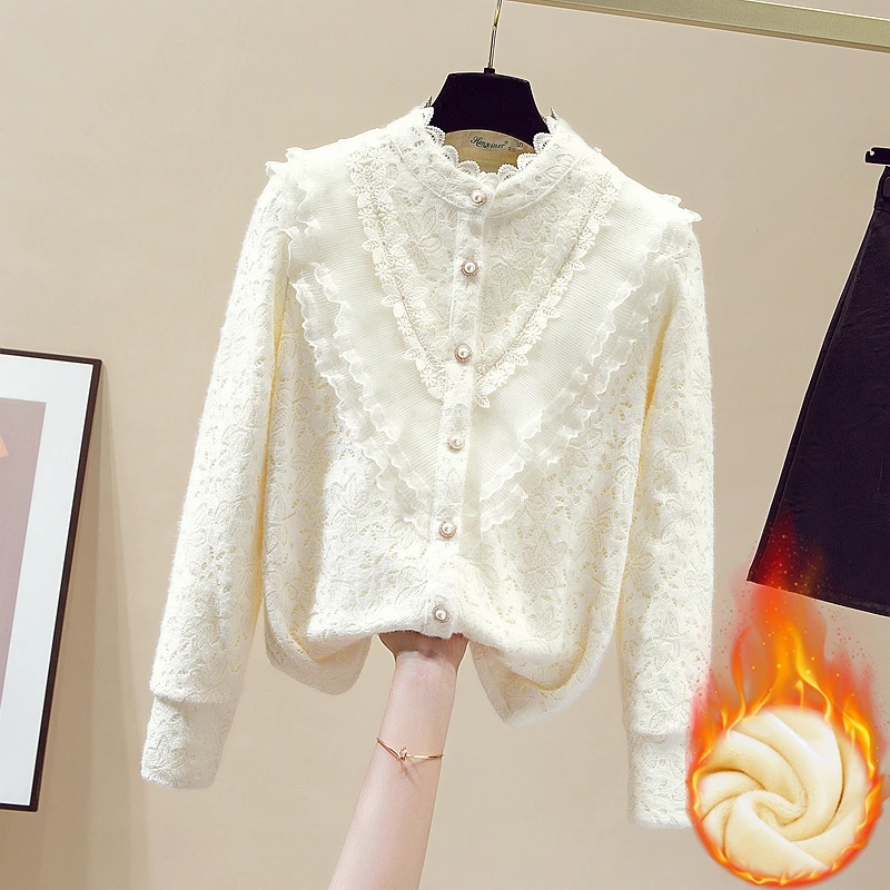 

Spring and Autumn Half-high Neck Lace Velvet Long Sleeve Underlay Shirt