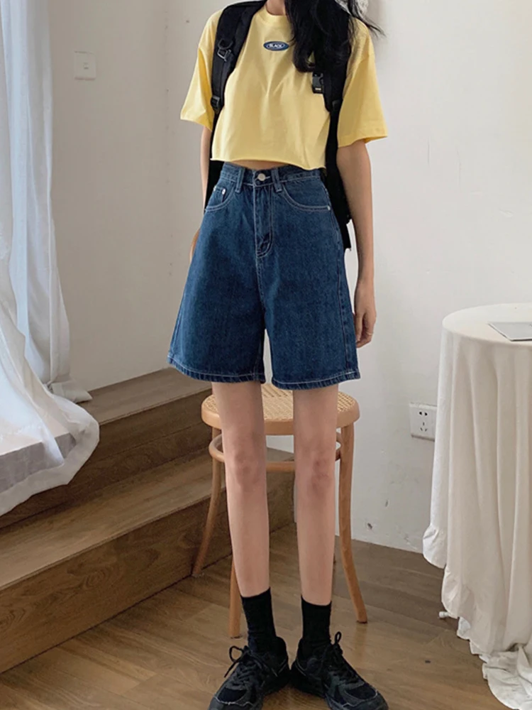 New Summer Women Wide Leg Button Blue Denim Shorts Streetwear Female High Waist Loose Jeans Shorts Bottoms