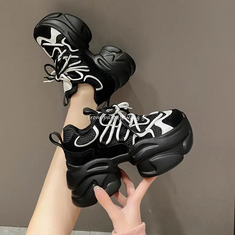 Authentic Leather Clunky Sneakers Female 2023 Spring Color Block Platform Height Increasing Casual Sneakers Shoes Women