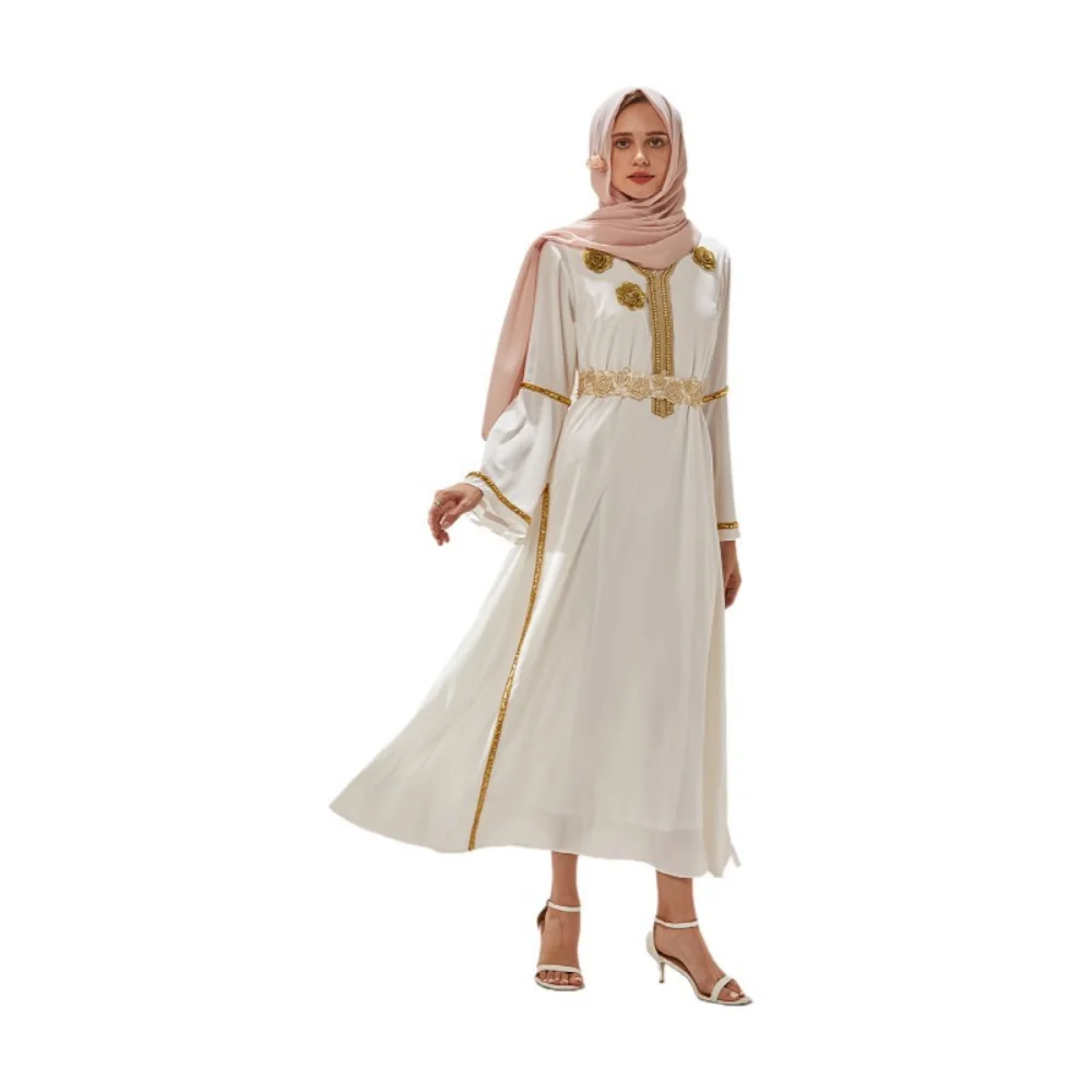 Middle Eastern White Embroidery Sequins Fashion Muslim Dress Southeast Asian Vestidos Arabes Dubai Y Turcos Robe Elegante Femme