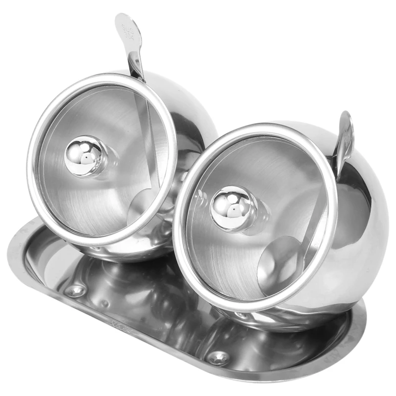 

Sugar Bowl With Lid And Spoon, 2 Stainless Steel Salt Bowl Spice Jars Set Condiment Pots,Silver