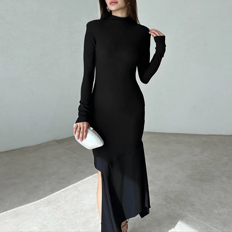 Элегантное тонкое женское платье с высоким воротником новое осеннее сексуальное
