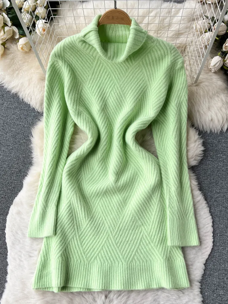 

Foamlina Turtleneck Sweater Dress for Women Fashion Solid Long Sleeve Autumn Winter Loose Thick Warm Pullover Knit Short Dress
