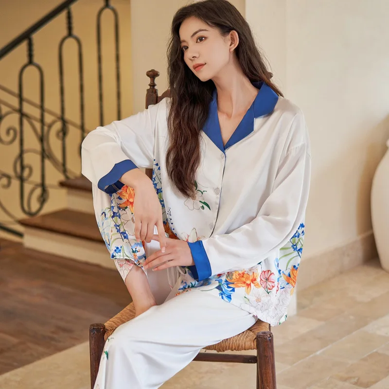 FALLINLAOE High Quality Women's Pajamas Set Floral Print Faux Silk Nightie Luxury Homewear Leisure Sleepwear Loungewear Female