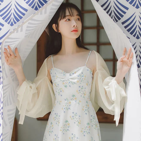 Блузка женская с рукавами-фонариками, милый облегающий мешковатый дышащий солнцезащитный минималистичный модный пикантный в Корейском стиле, в винтажном стиле, на лето