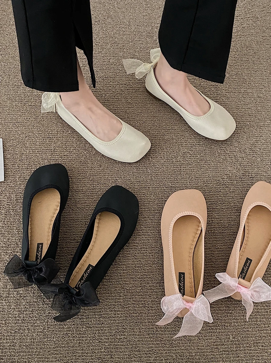 

Мягкие женские туфли на плоской подошве с бантом и квадратным носком на низком каблуке, элегантные удобные летние туфли-бабочки с бантом