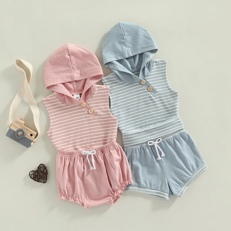 

2Pcs Baby Boys Girls Outfit Summer Toddlers Button Striped Sleeveless Hooded Tops + Lace/Flanging Waistband Shorts Set