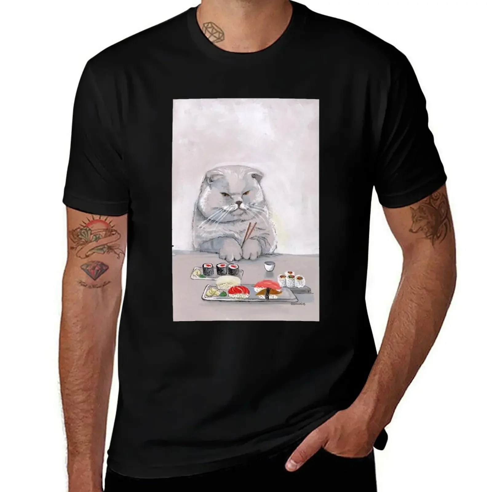 Фото Футболка с иллюстрацией Sushi Cat 2008, футболки с рисунком, летняя одежда, уличная одежда, мужская дизайнерская одежда №1
