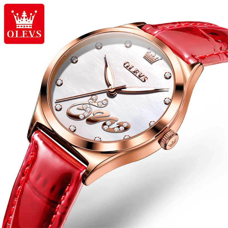OLEVS Watch Women Diamond Leather Quartz Wristwatch Waterproof Luminous Rose Gold Red Ladies Watches Girlfriend Gift reloj mujer