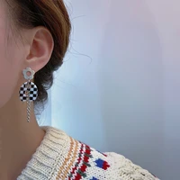 s925 silver needle checkerboard pendant flower earrings niche design sense wild temperament earrings women korean fashion