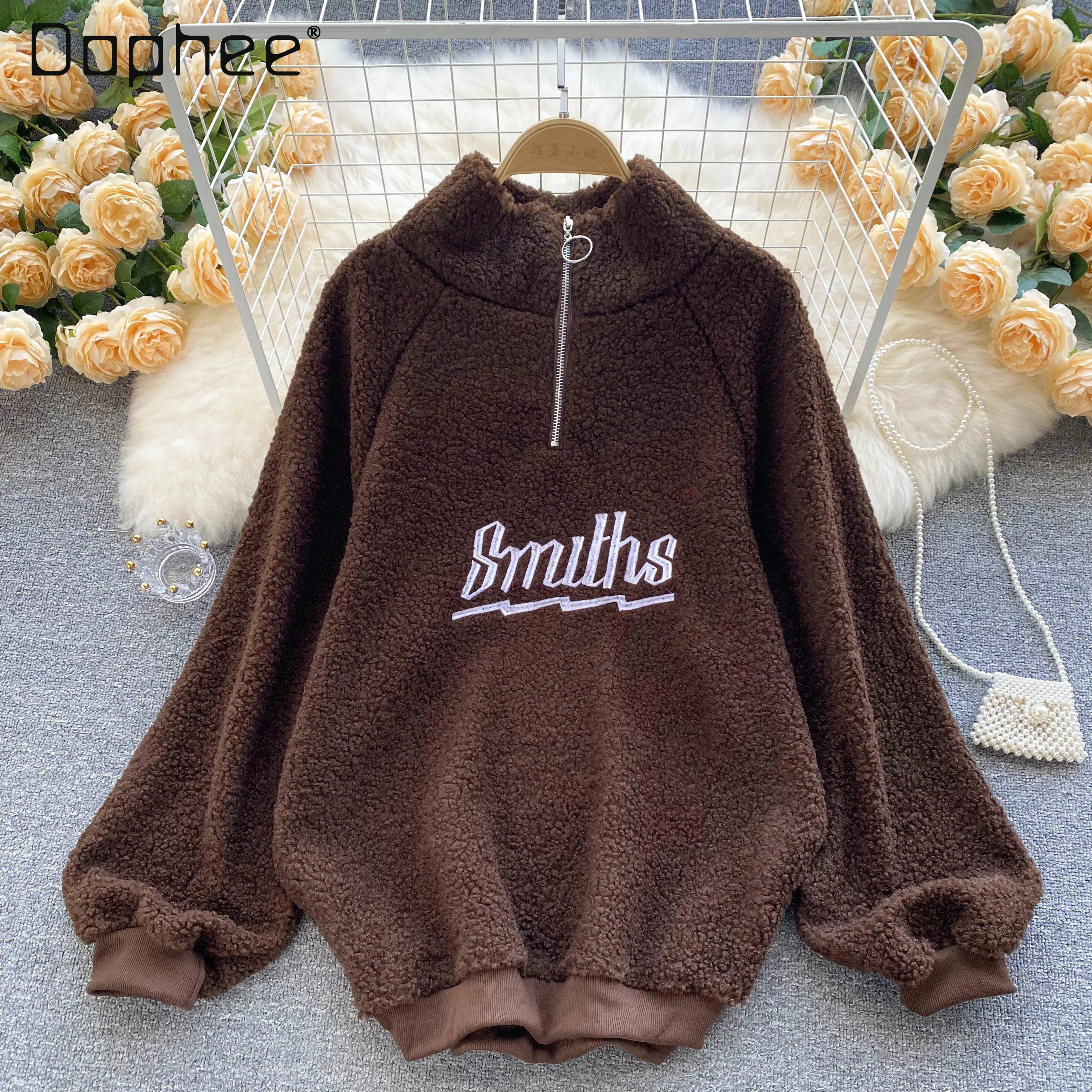 

Lamb Wool Sweatshirts Women's Winter All-Matching Thickened Korean Pullover Lady Loose Stand Collar Zipper Casual Coat